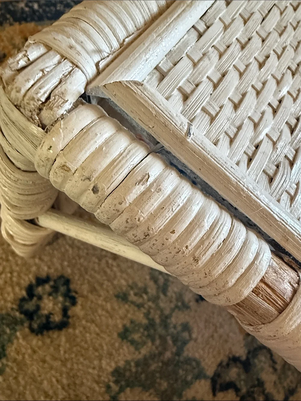 Vintage White Wicker Tray Table with Side Storage.